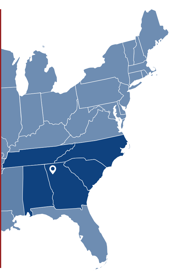 Map of the eastern United States with South Carolina highlighted and marked with a location pin in the center.